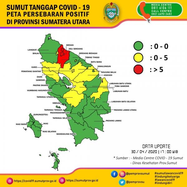 Peta Persebaran positif di Provinsi Sumatera utara 30 April 2020